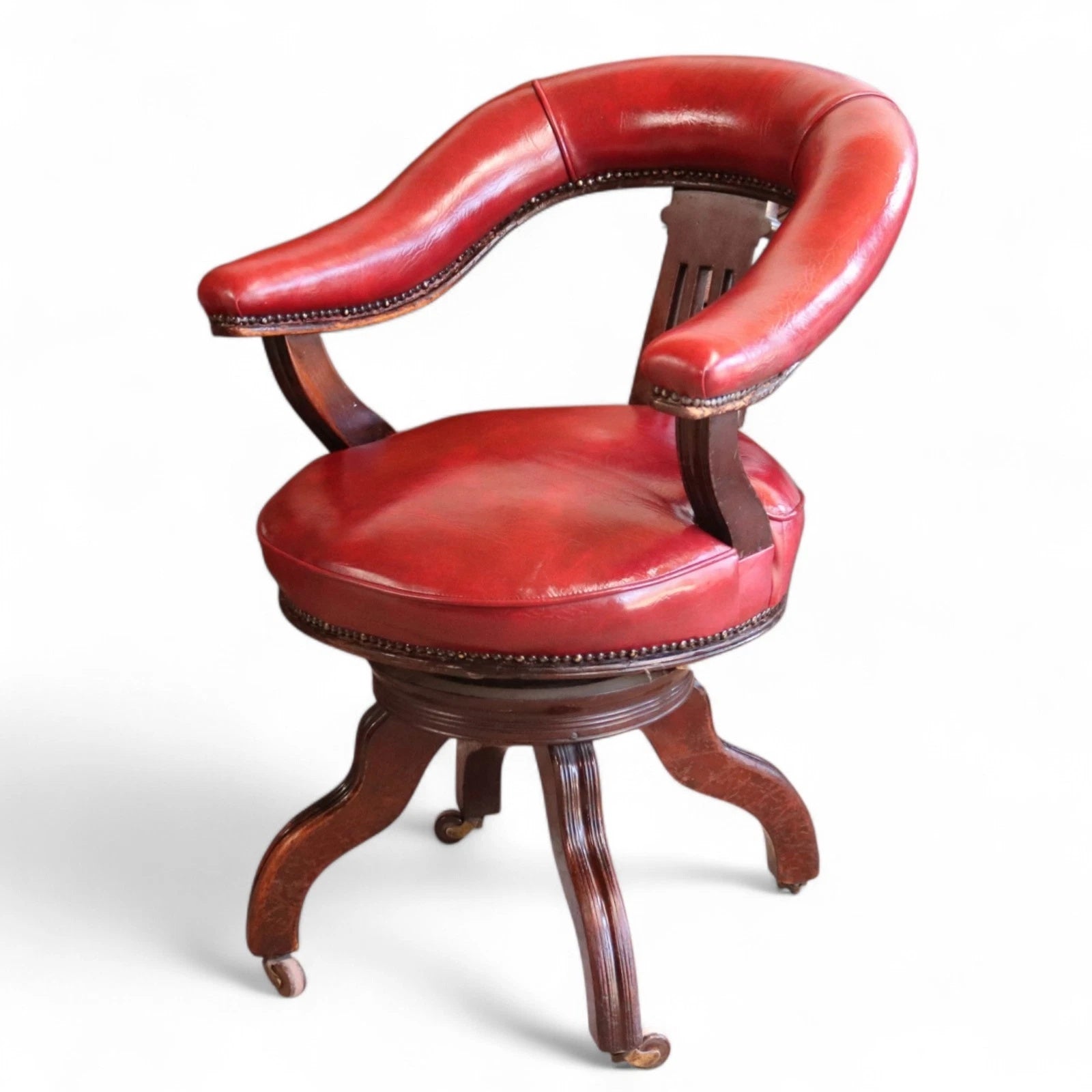 Antique Horseshoe-Back Smoker’s Desk Chair Red Leather Captain's Chair