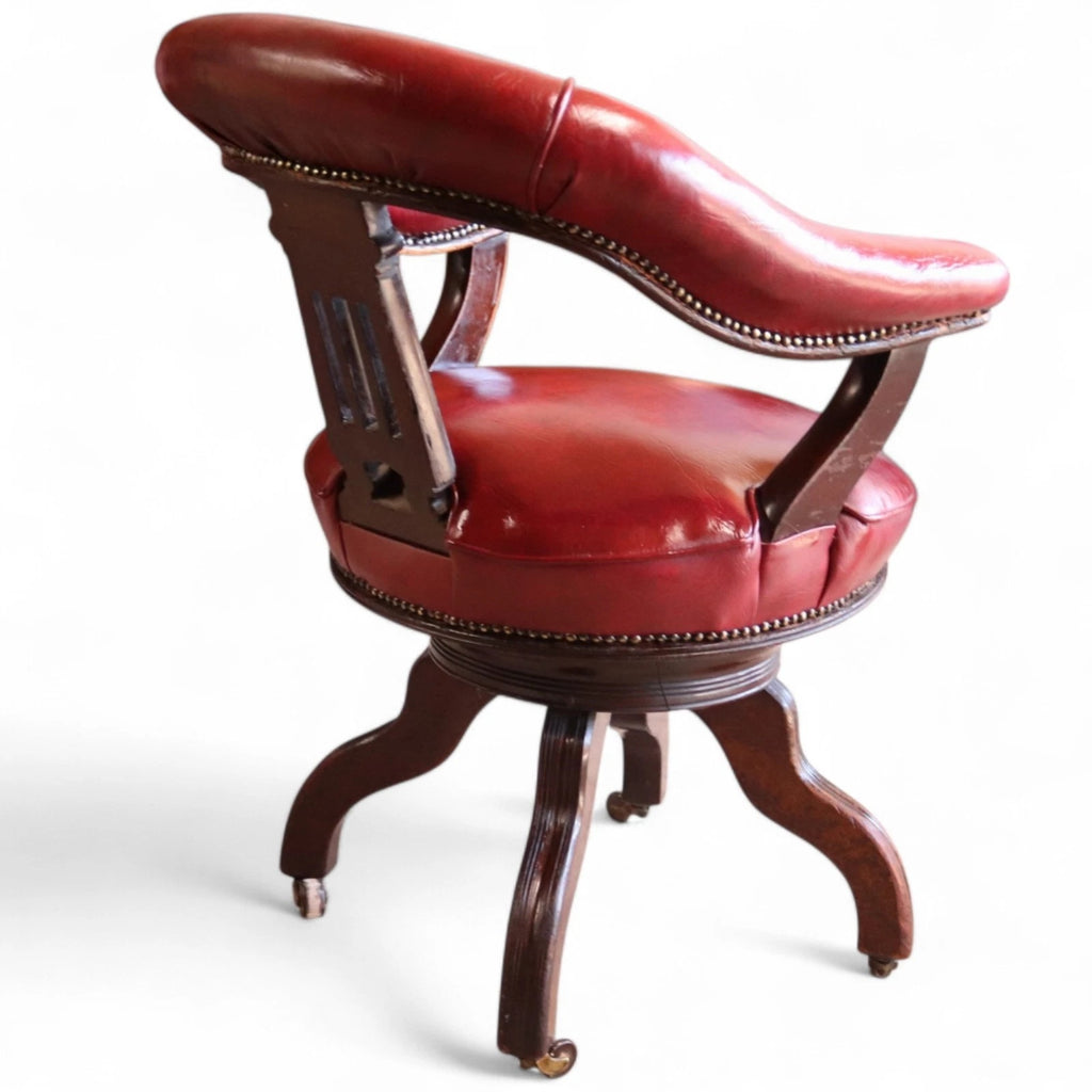Antique Horseshoe-Back Smoker’s Desk Chair Red Leather Captain's Chair