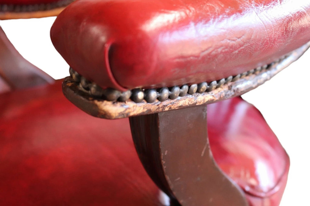 Antique Horseshoe-Back Smoker’s Desk Chair Red Leather Captain's Chair
