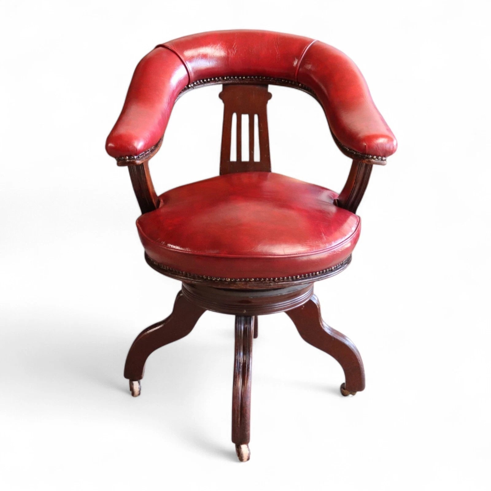 Antique Horseshoe-Back Smoker’s Desk Chair Red Leather Captain's Chair