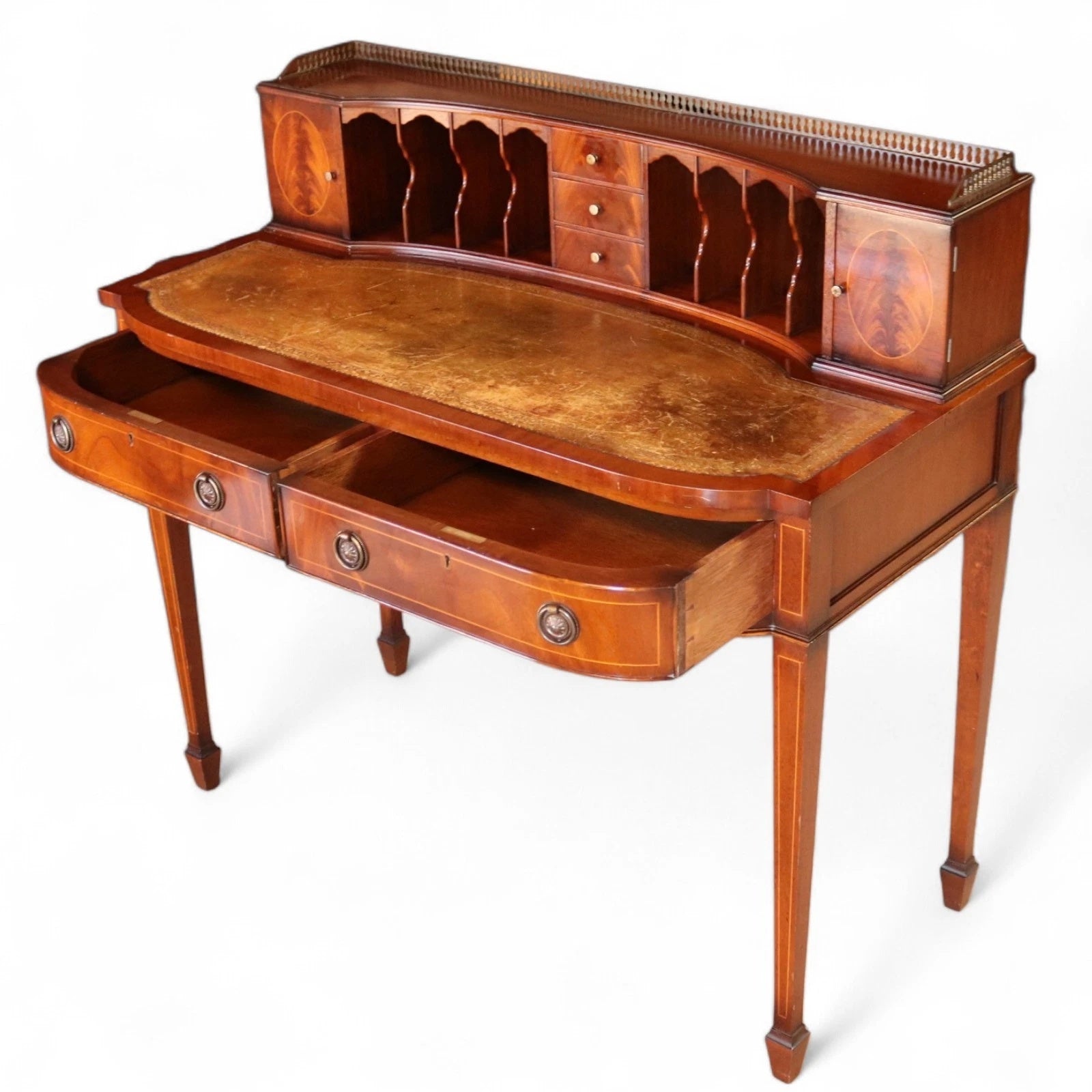 Vintage Mahogany Bonheur Du Jour Leather Top Regency style Writing Desk