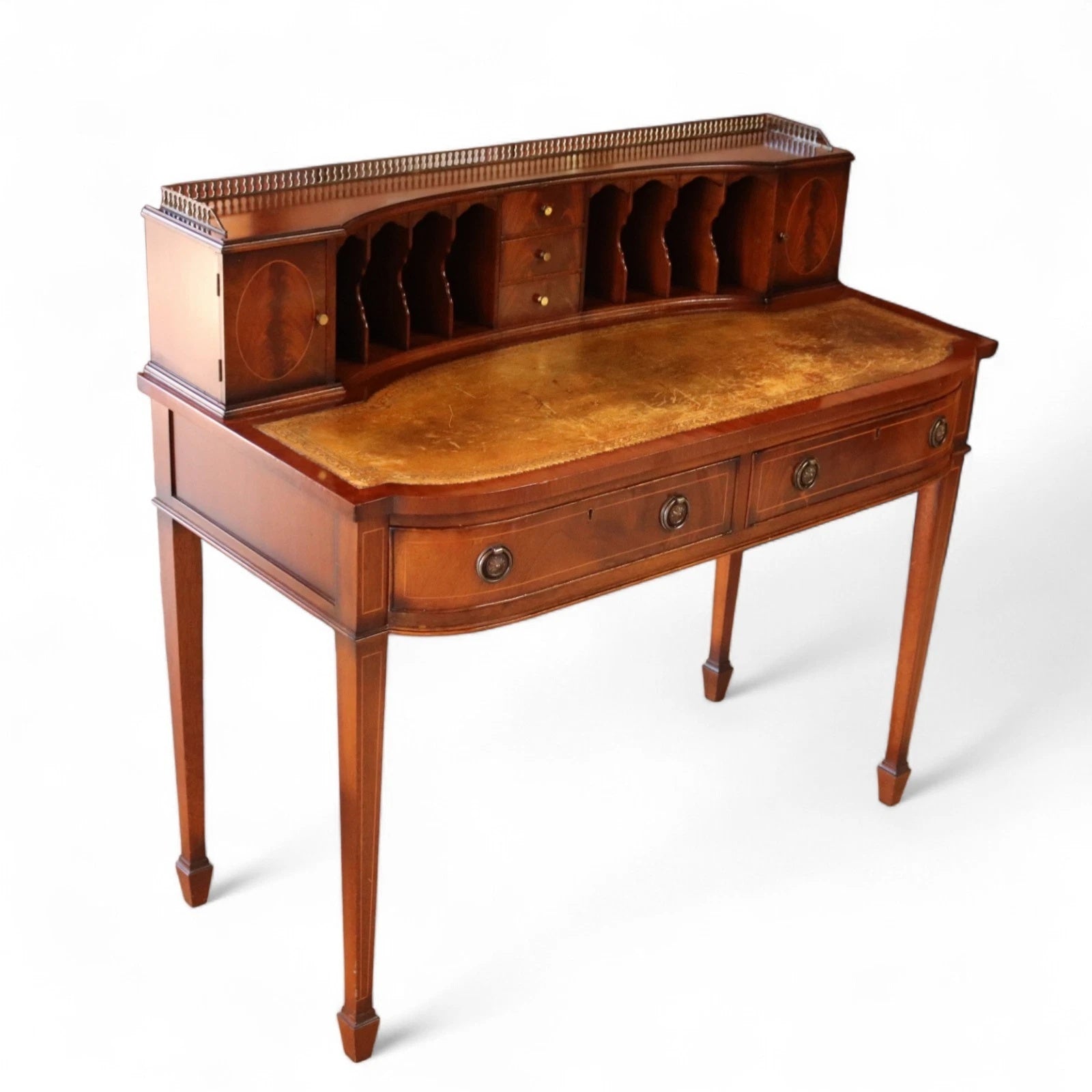 Vintage Mahogany Bonheur Du Jour Leather Top Regency style Writing Desk