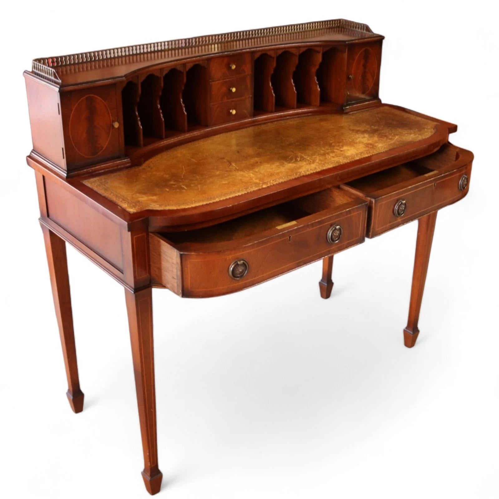 Vintage Mahogany Bonheur Du Jour Leather Top Regency style Writing Desk