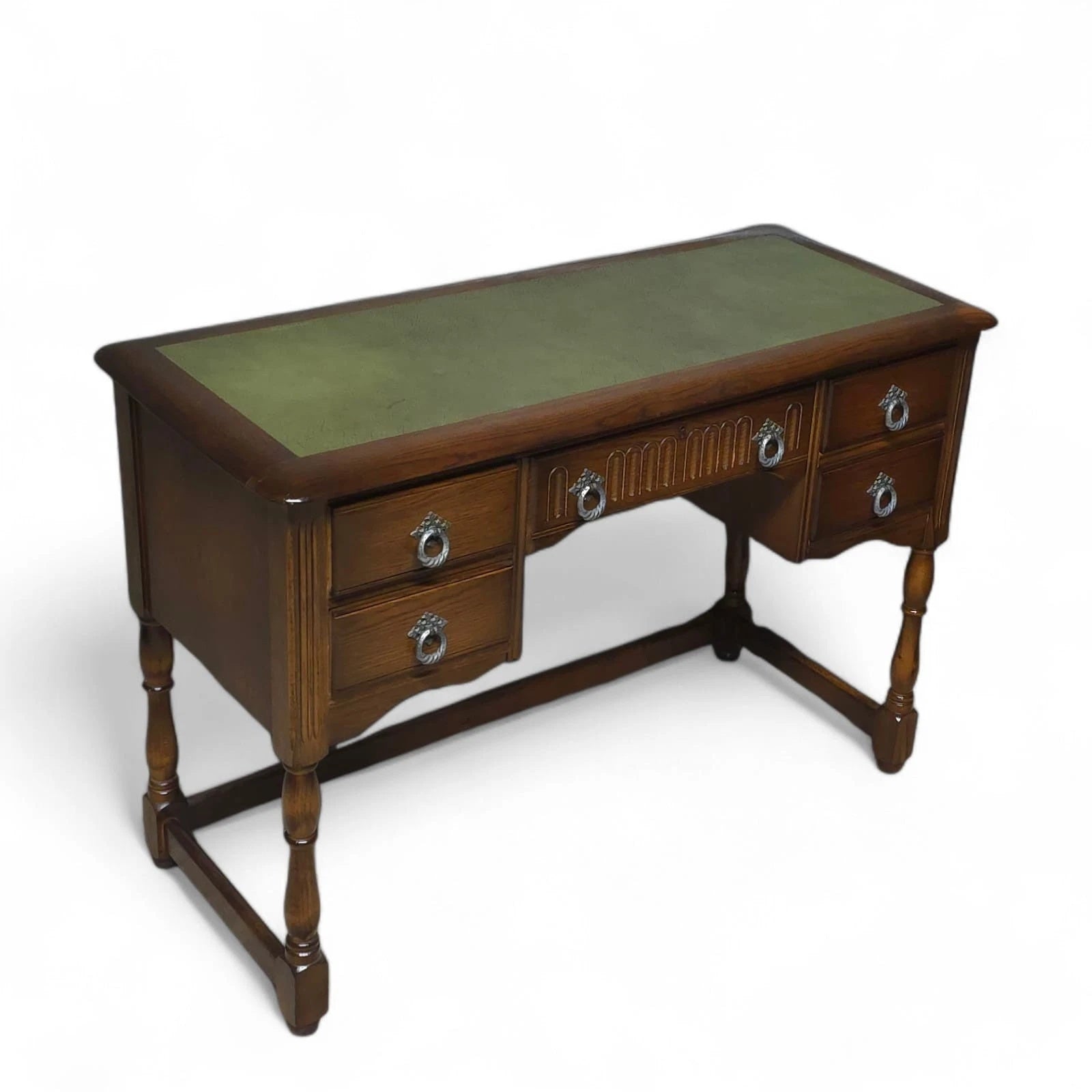 Vintage Oak Old Charm Style Leather Top Writing Desk - 5 Drawer