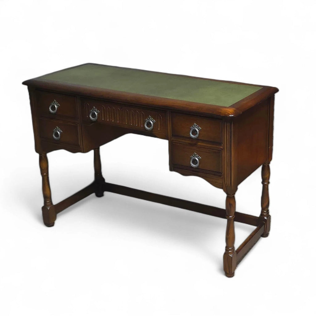 Vintage Oak Old Charm Style Leather Top Writing Desk - 5 Drawer