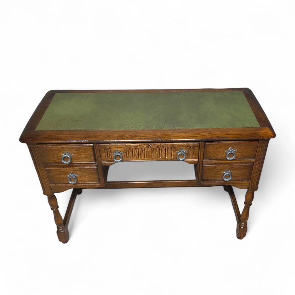 Vintage Oak Old Charm Style Leather Top Writing Desk - 5 Drawer