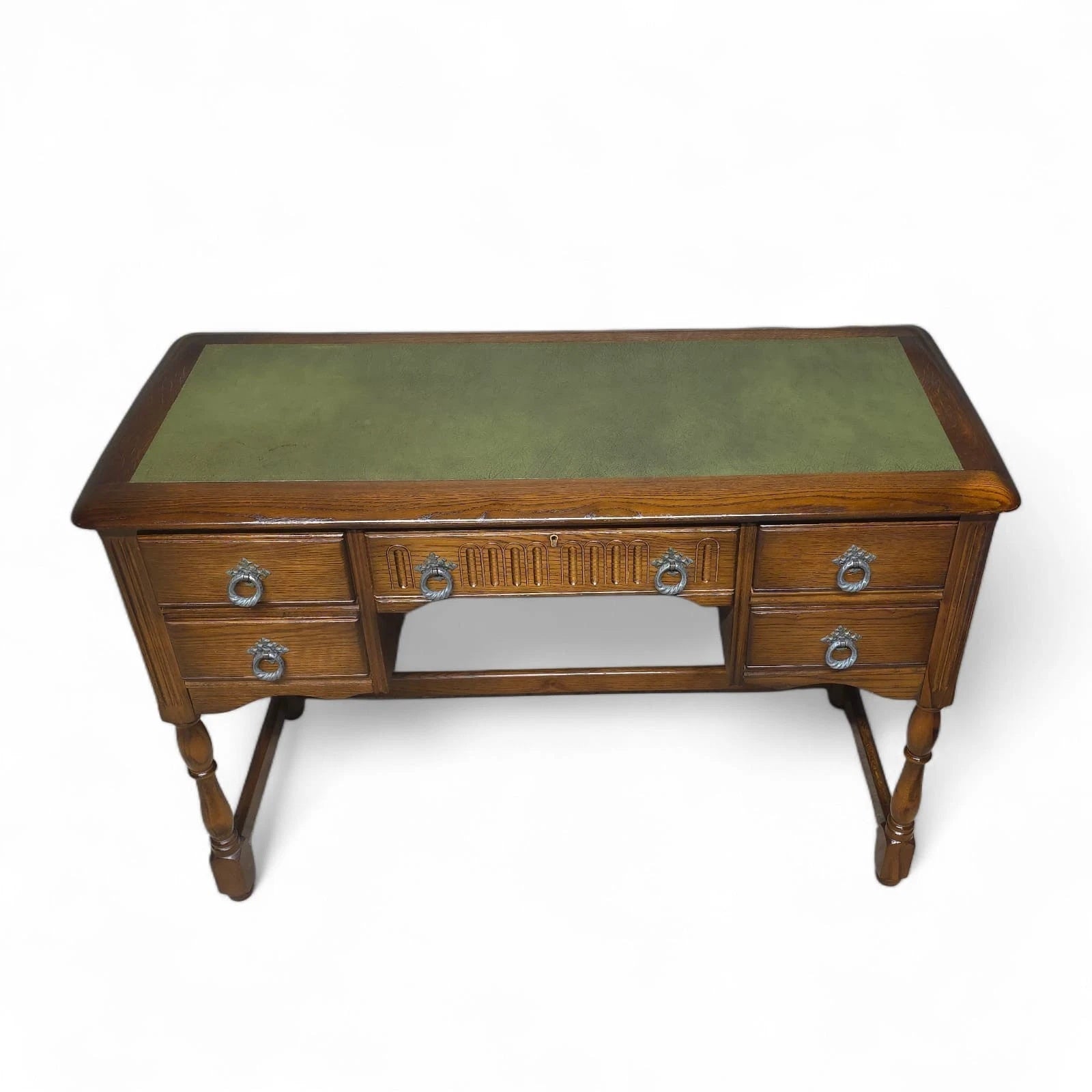 Vintage Oak Old Charm Style Leather Top Writing Desk - 5 Drawer