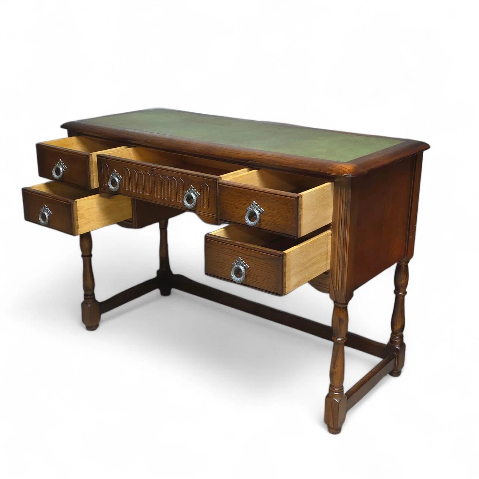Vintage Oak Old Charm Style Leather Top Writing Desk - 5 Drawer