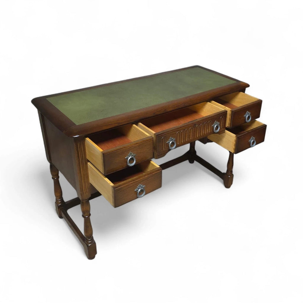 Vintage Oak Old Charm Style Leather Top Writing Desk - 5 Drawer
