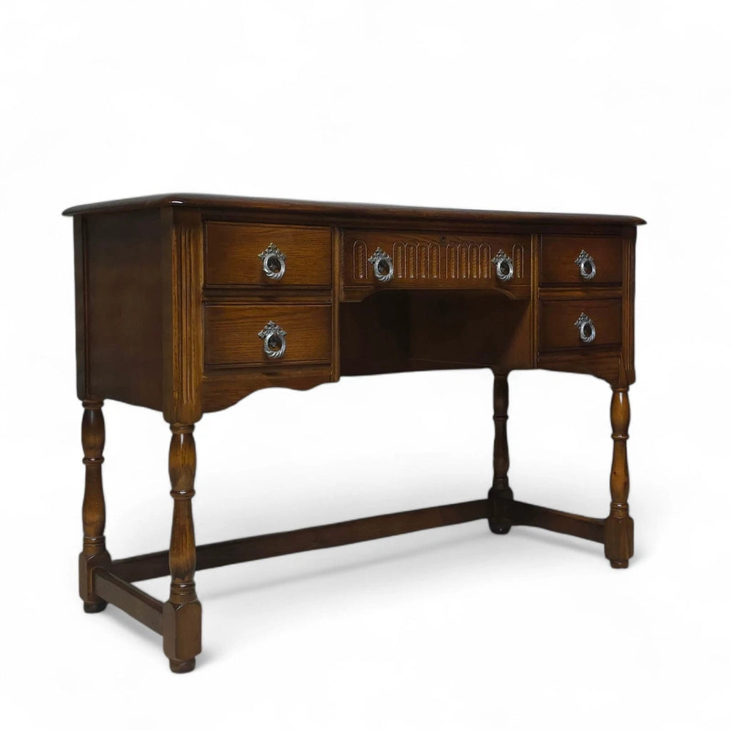 Vintage Oak Old Charm Style Leather Top Writing Desk - 5 Drawer