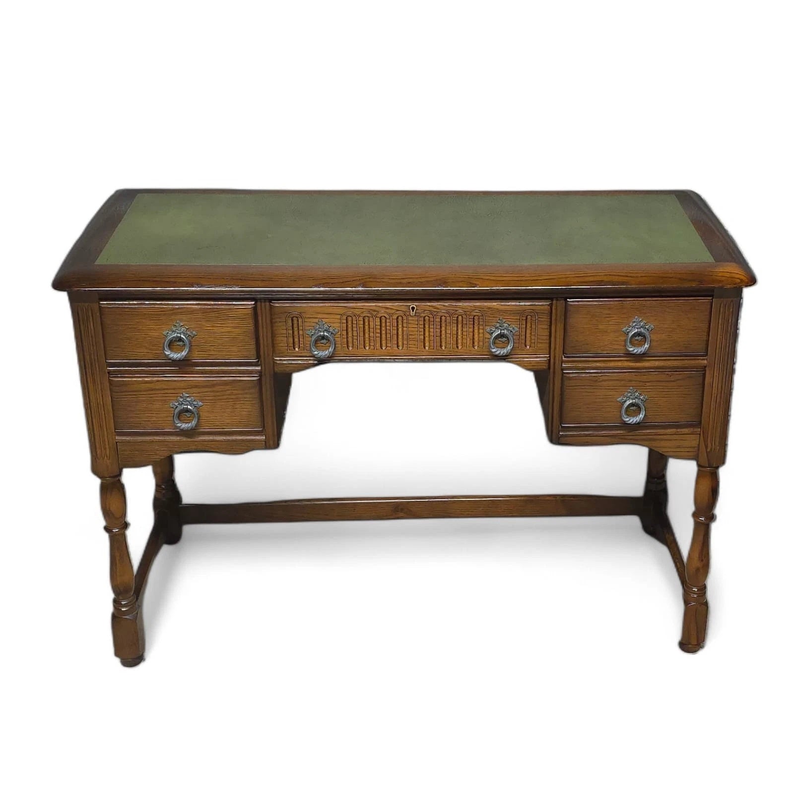 Vintage Oak Old Charm Style Leather Top Writing Desk - 5 Drawer
