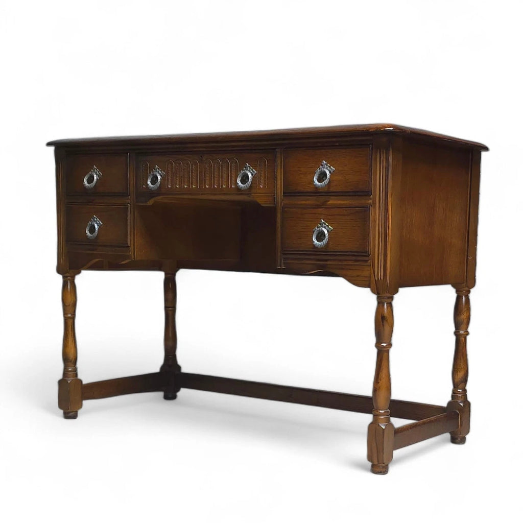 Vintage Oak Old Charm Style Leather Top Writing Desk - 5 Drawer