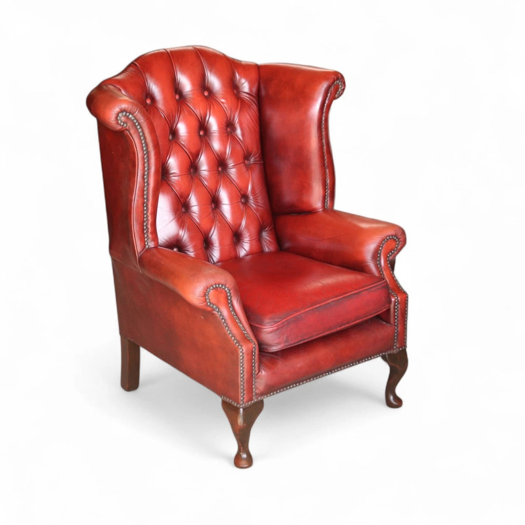 Vintage Oxblood Red Leather Wingback Queen Anne style  Chesterfield Chair