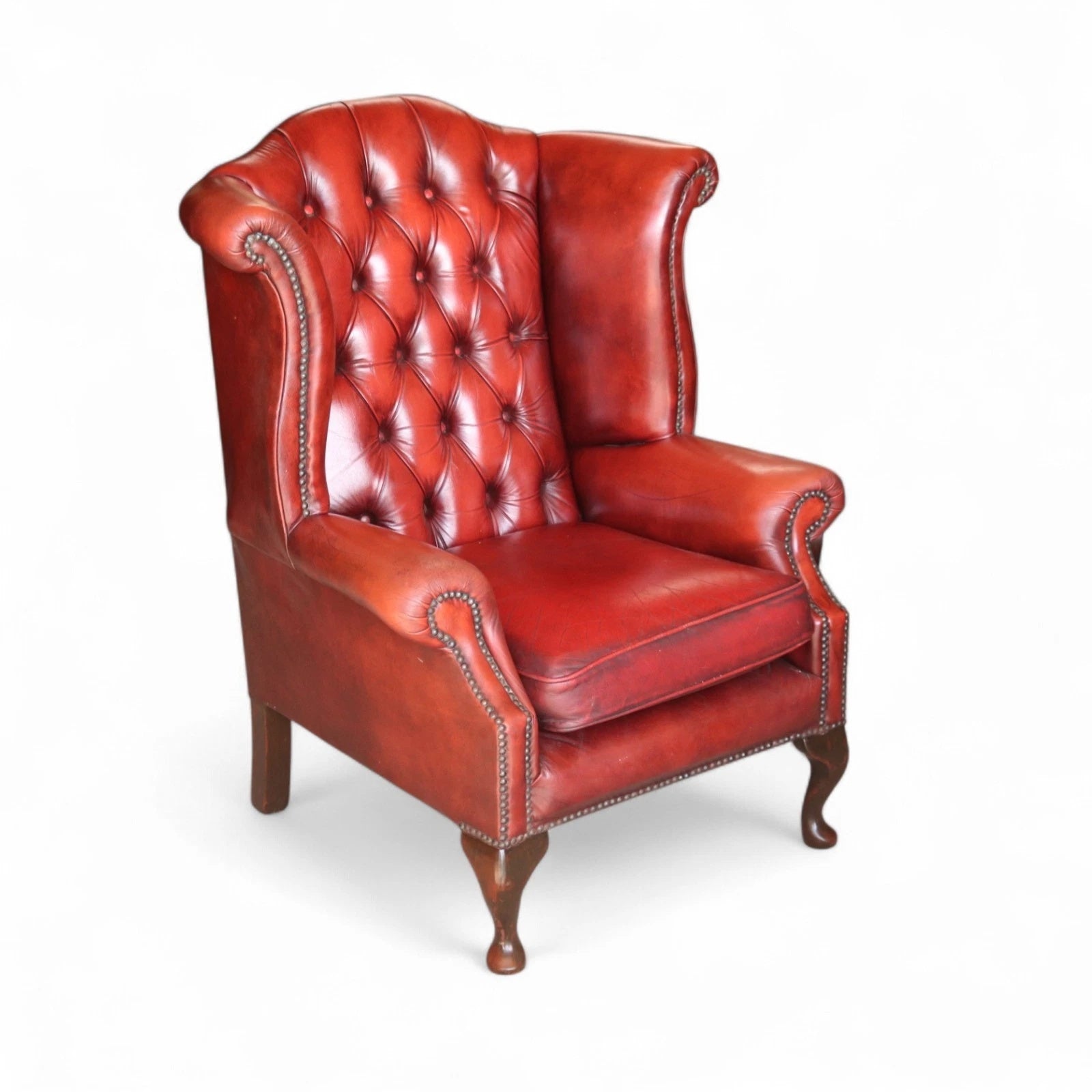 Vintage Oxblood Red Leather Wingback Queen Anne style  Chesterfield Chair