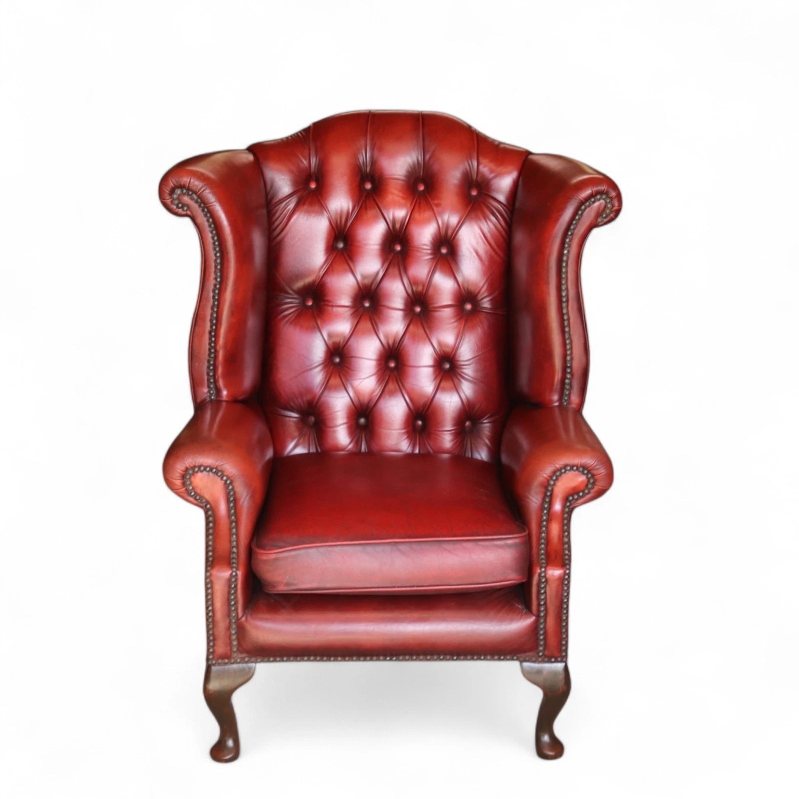 Vintage Oxblood Red Leather Wingback Queen Anne style  Chesterfield Chair