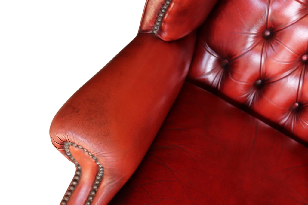 Vintage Oxblood Red Leather Wingback Queen Anne style  Chesterfield Chair