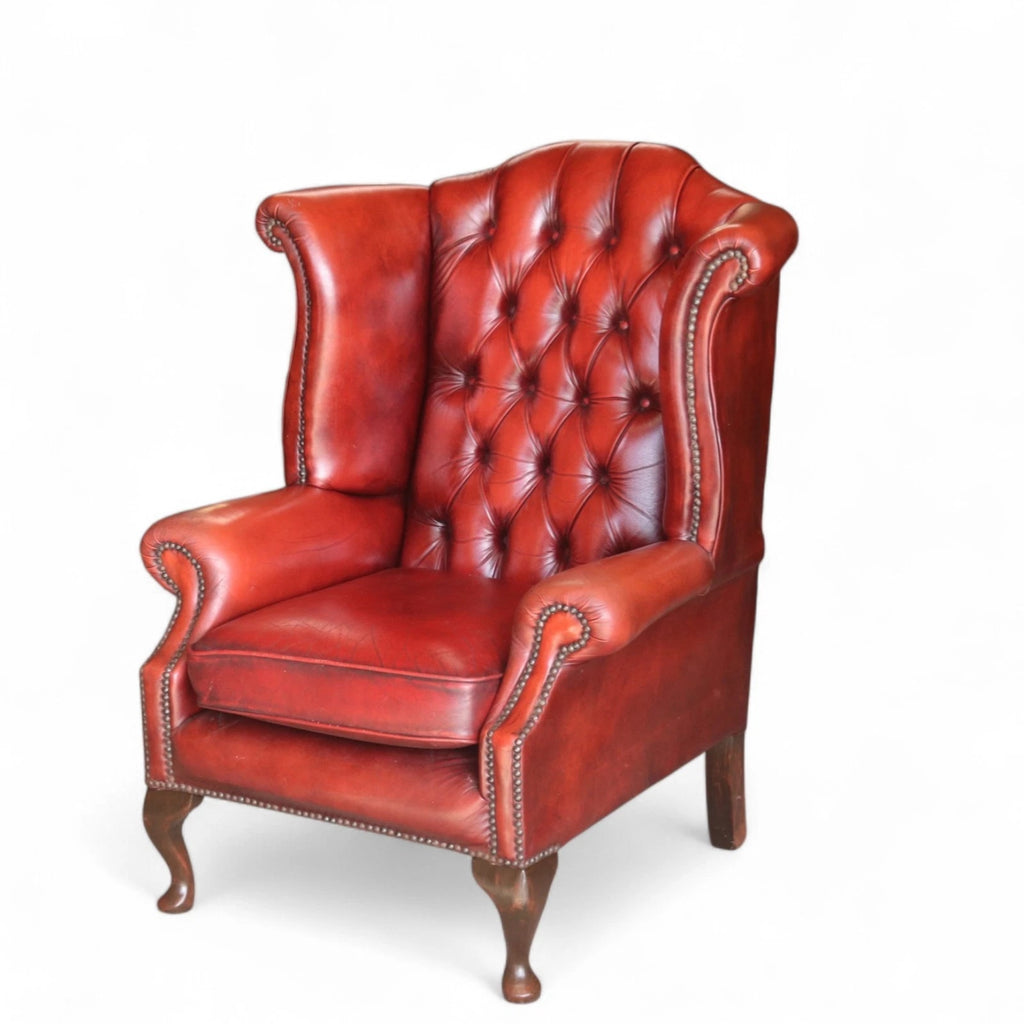 Vintage Oxblood Red Leather Wingback Queen Anne style  Chesterfield Chair