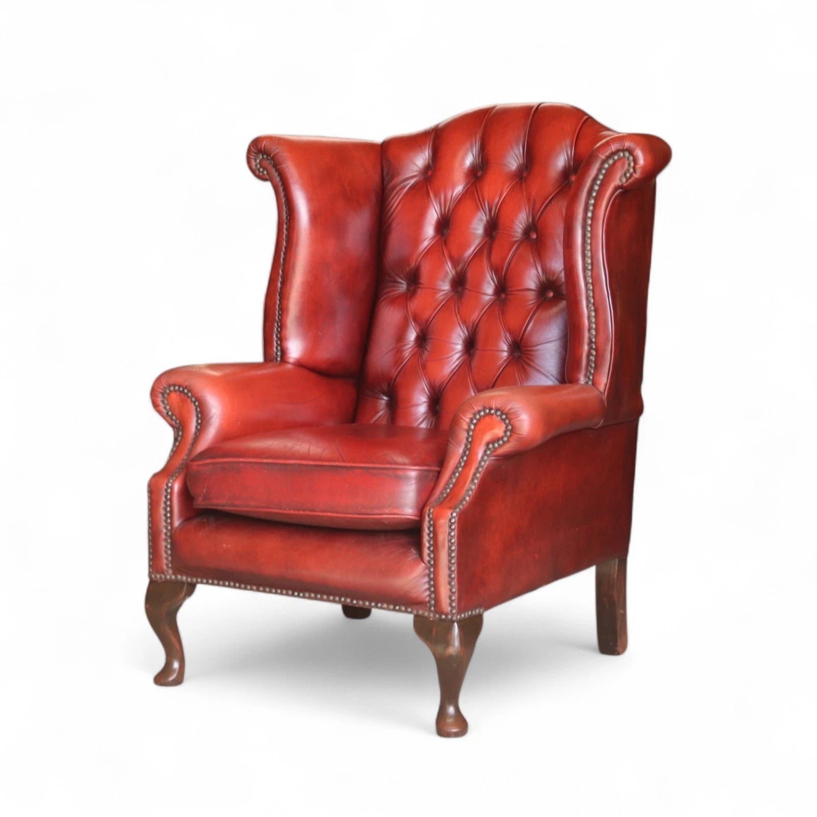 Vintage Oxblood Red Leather Wingback Queen Anne style  Chesterfield Chair
