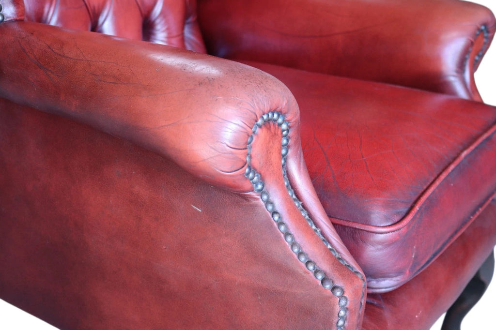 Vintage Oxblood Red Leather Wingback Queen Anne style  Chesterfield Chair