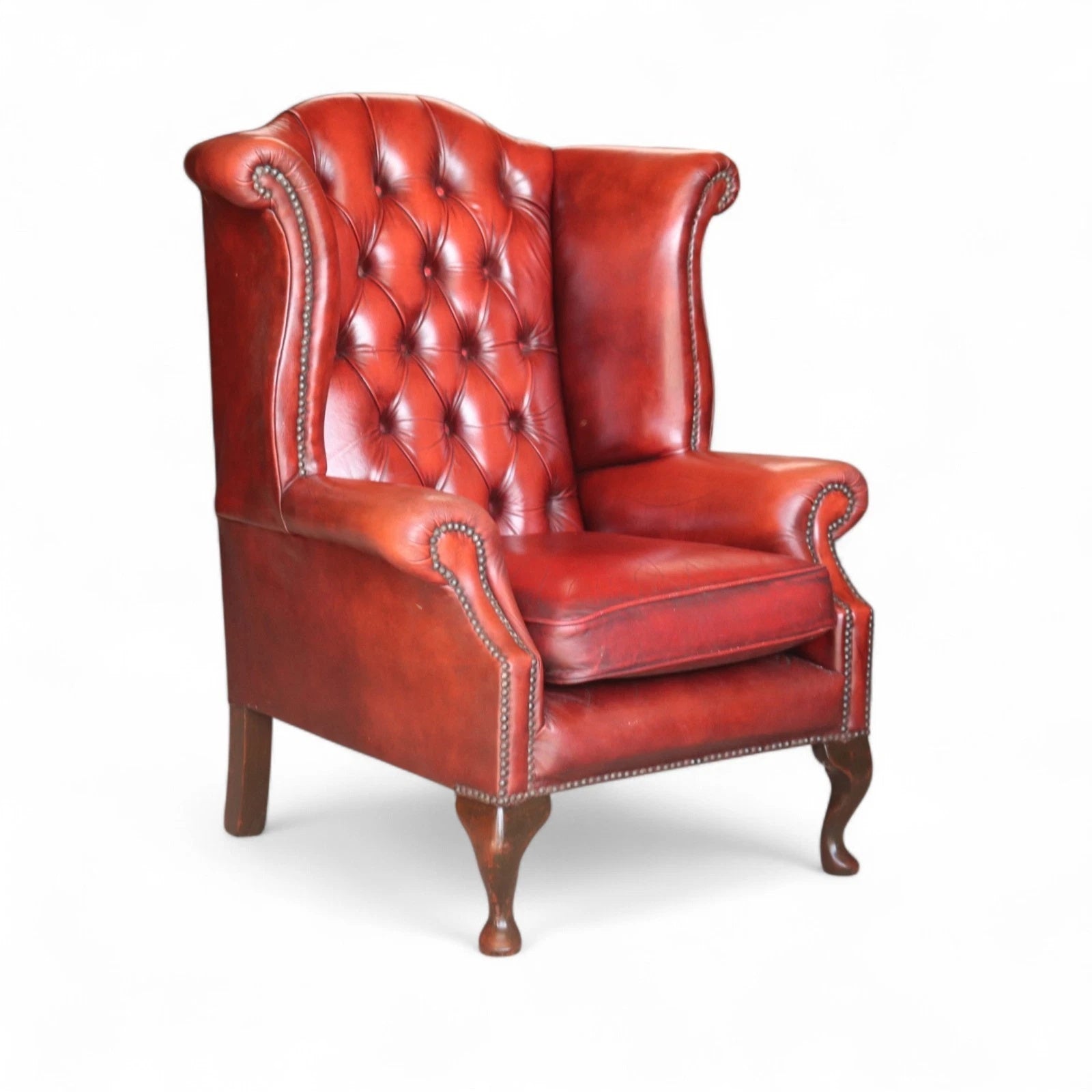 Vintage Oxblood Red Leather Wingback Queen Anne style  Chesterfield Chair