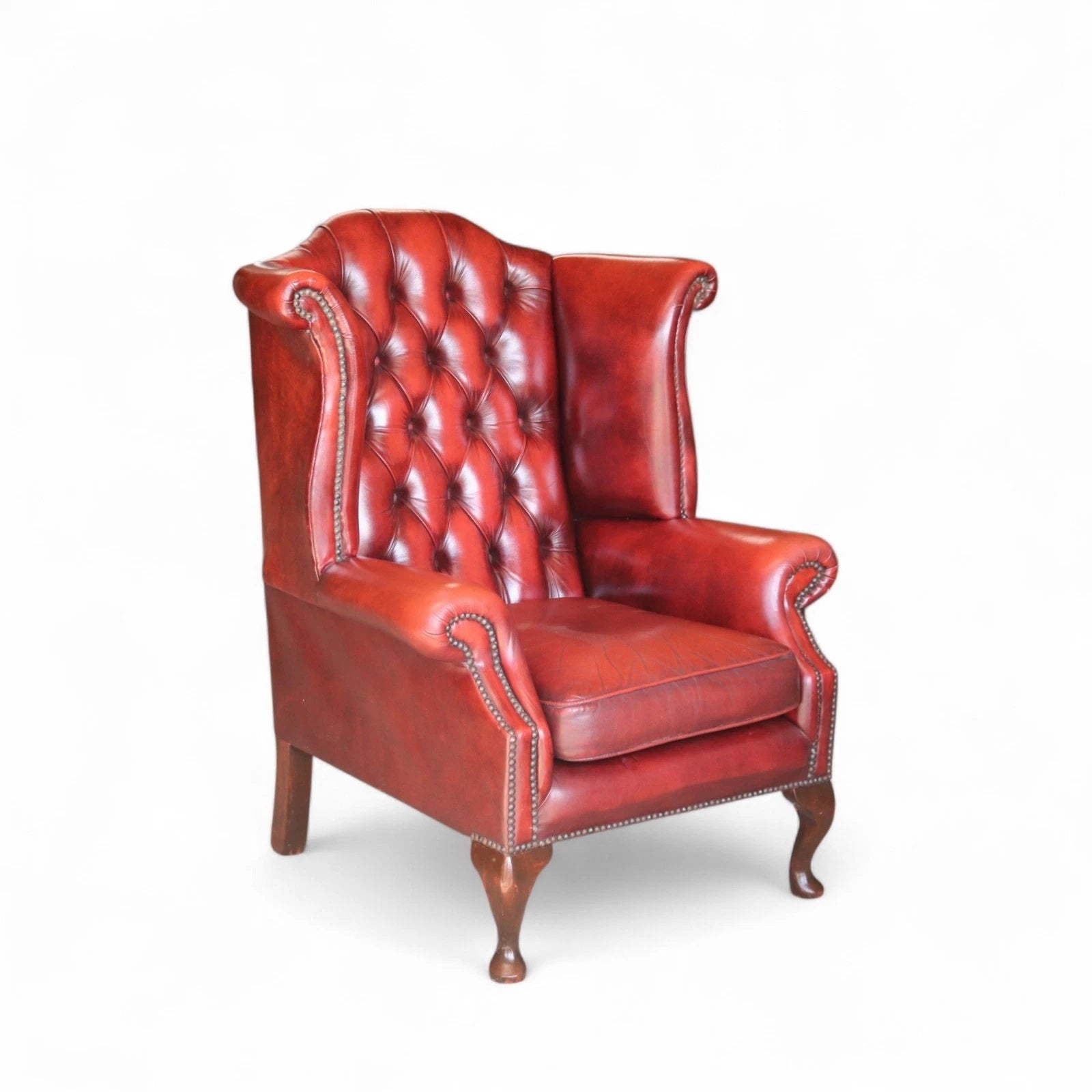 Vintage Oxblood Red Leather Wingback Queen Anne style  Chesterfield Armchair