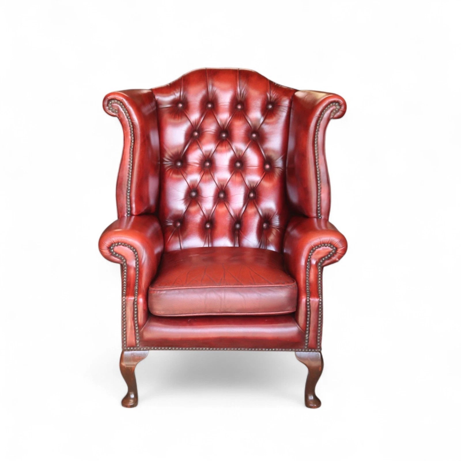 Vintage Oxblood Red Leather Wingback Queen Anne style  Chesterfield Armchair
