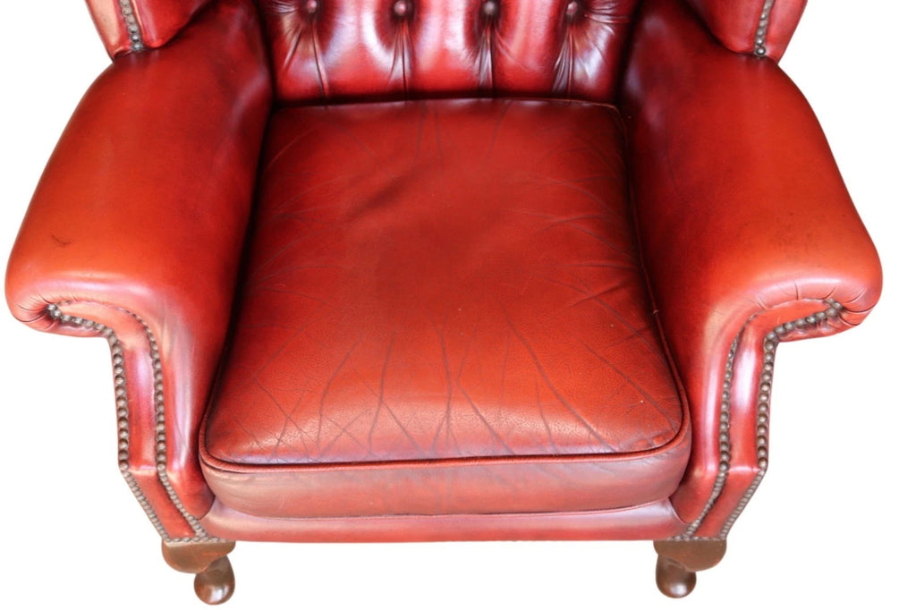 Vintage Oxblood Red Leather Wingback Queen Anne style  Chesterfield Armchair