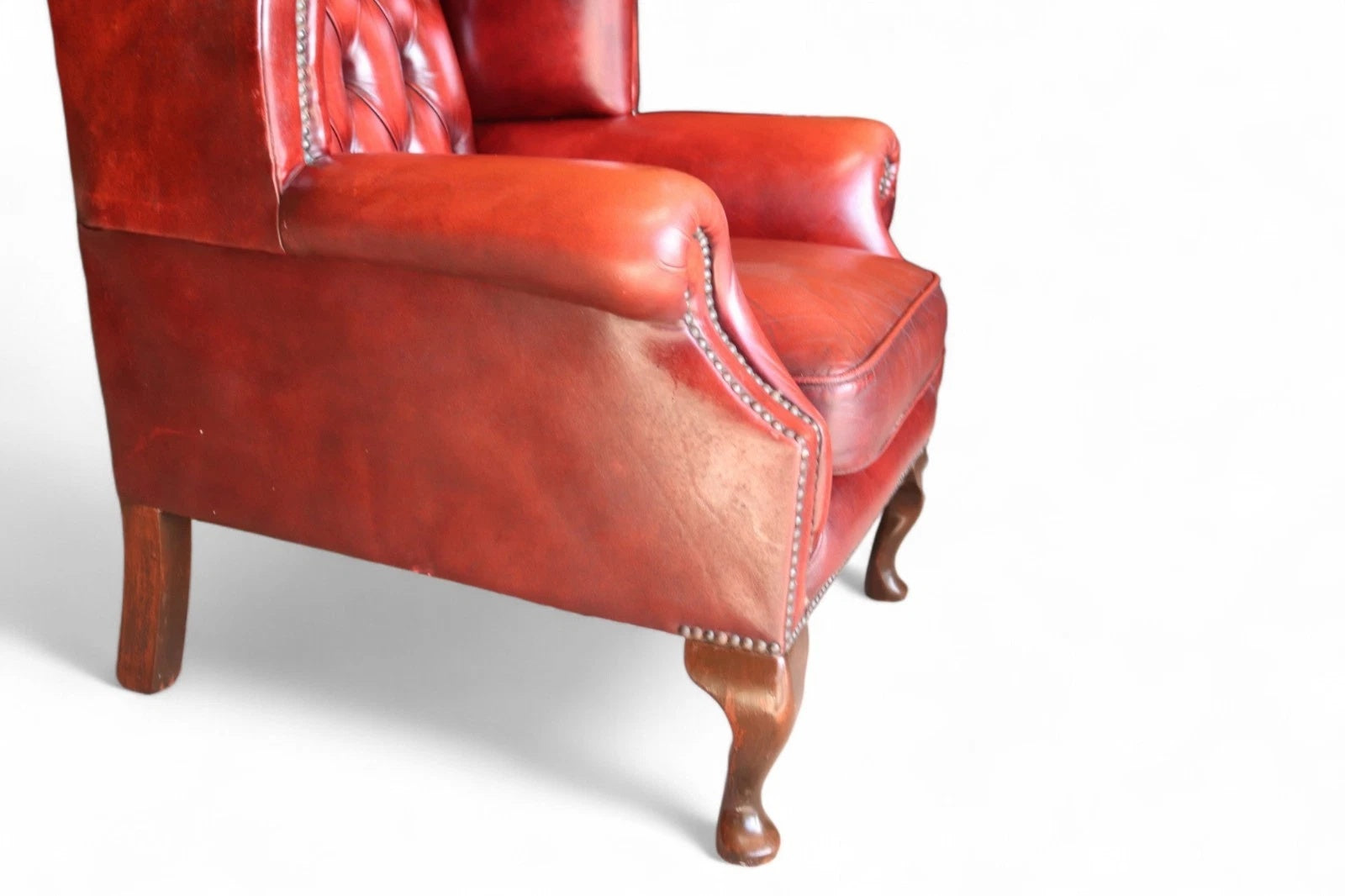Vintage Oxblood Red Leather Wingback Queen Anne style  Chesterfield Armchair
