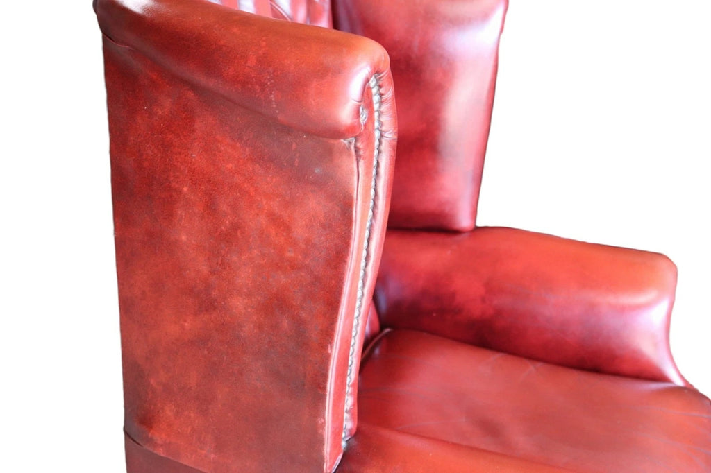 Vintage Oxblood Red Leather Wingback Queen Anne style  Chesterfield Armchair