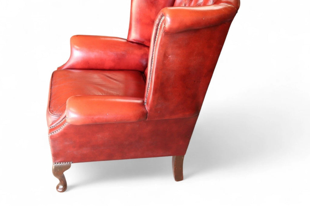 Vintage Oxblood Red Leather Wingback Queen Anne style  Chesterfield Armchair