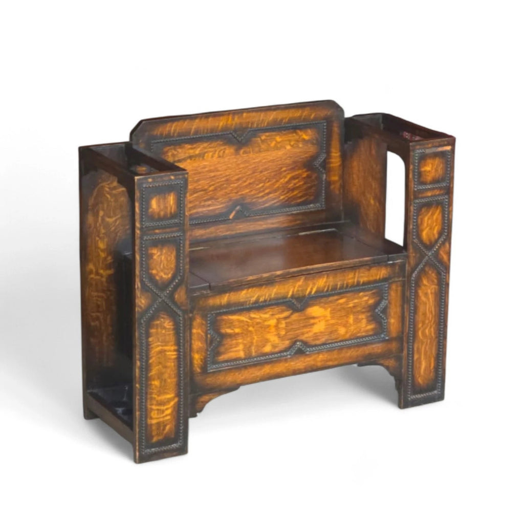 Vintage 1930s Oak Monk’s Bench Hall Settle with Umbrella Stands - Jacobean Style