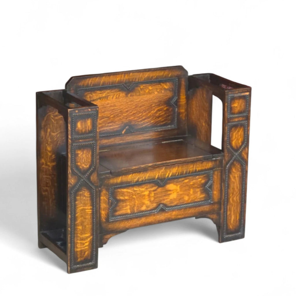 Vintage 1930s Oak Monk’s Bench Hall Settle with Umbrella Stands - Jacobean Style
