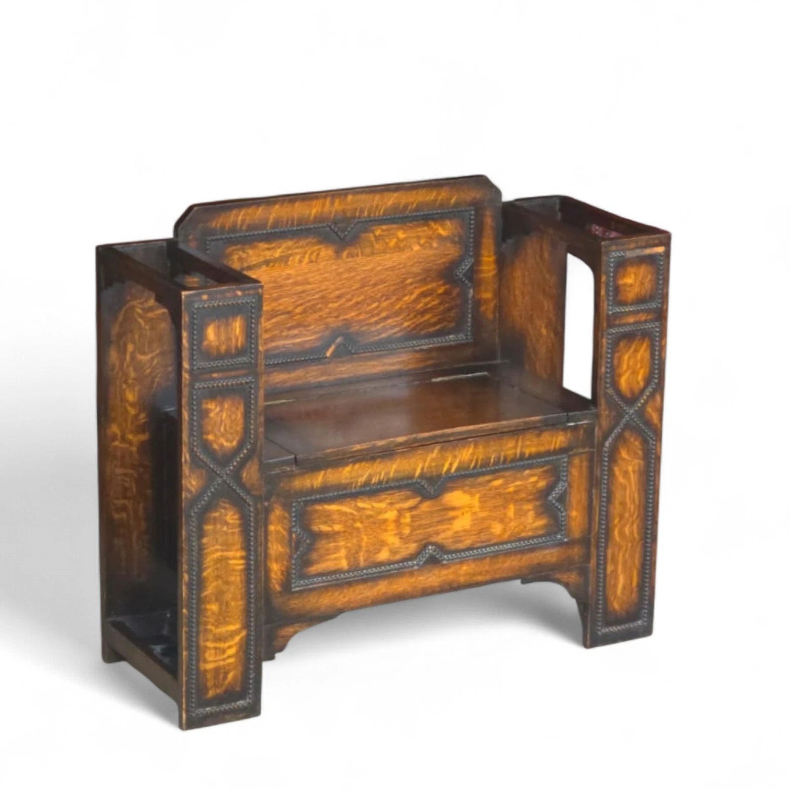 Vintage 1930s Oak Monk’s Bench Hall Settle with Umbrella Stands - Jacobean Style