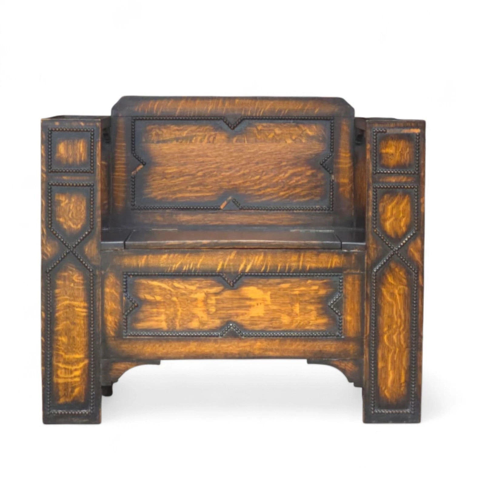 Vintage 1930s Oak Monk’s Bench Hall Settle with Umbrella Stands - Jacobean Style