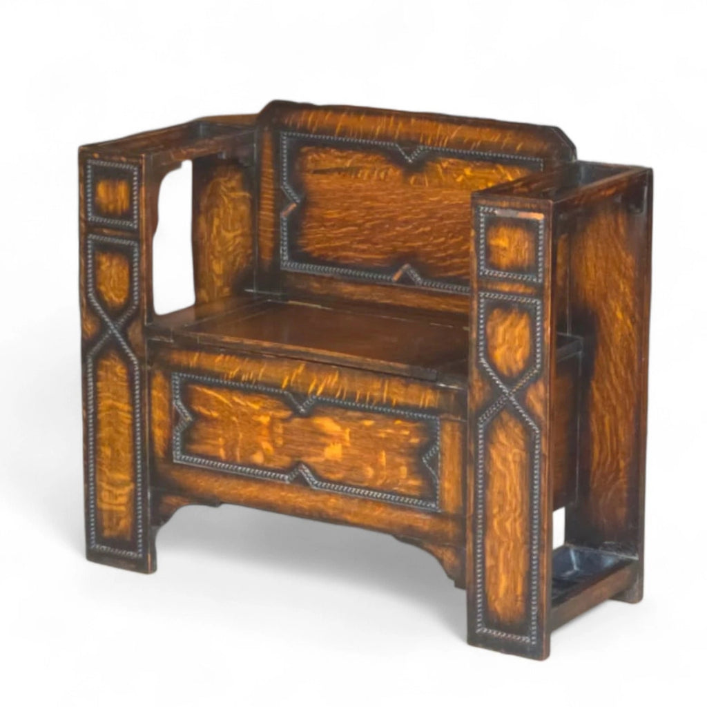Vintage 1930s Oak Monk’s Bench Hall Settle with Umbrella Stands - Jacobean Style
