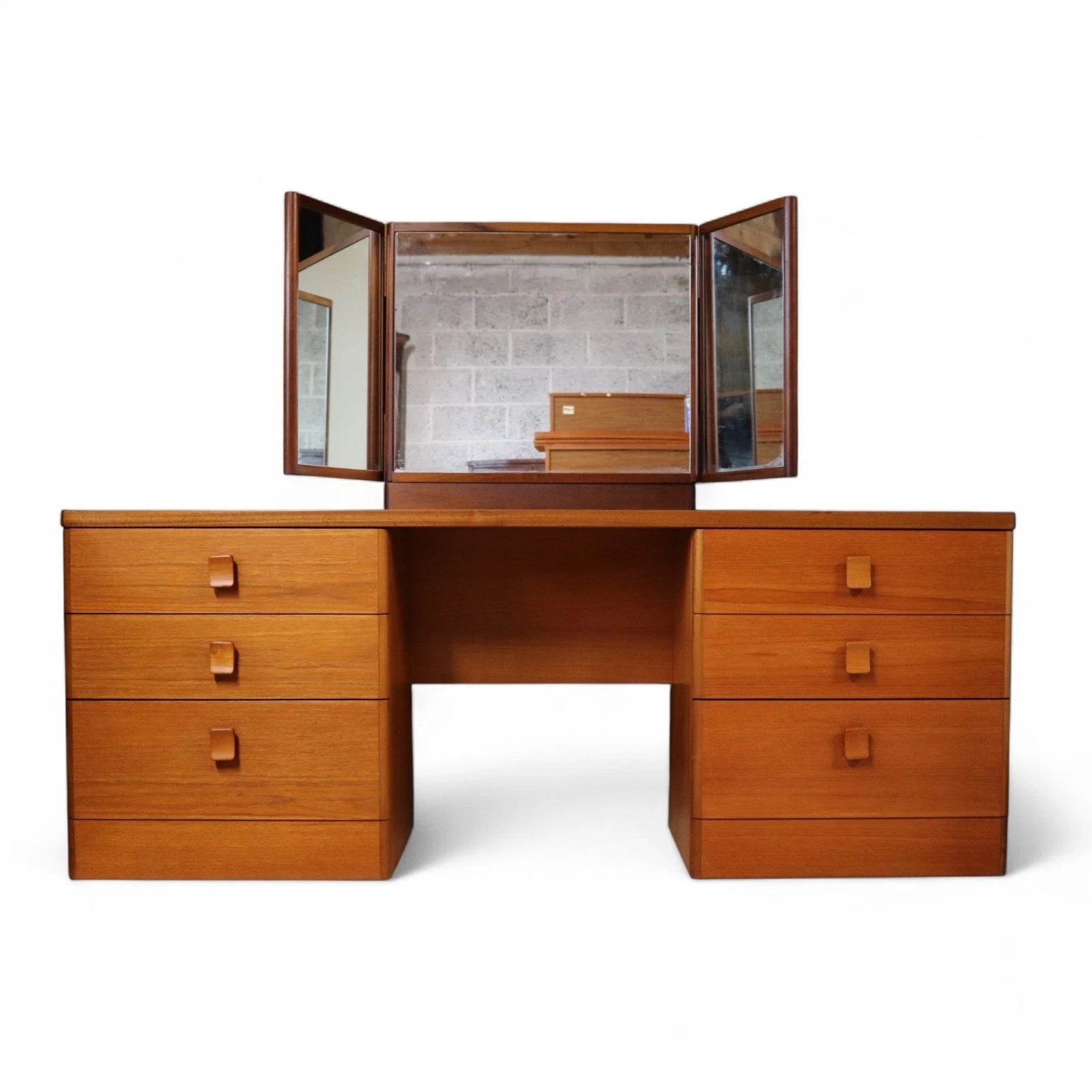 Vintage Teak Stag Dressing Table With Triple Mirror