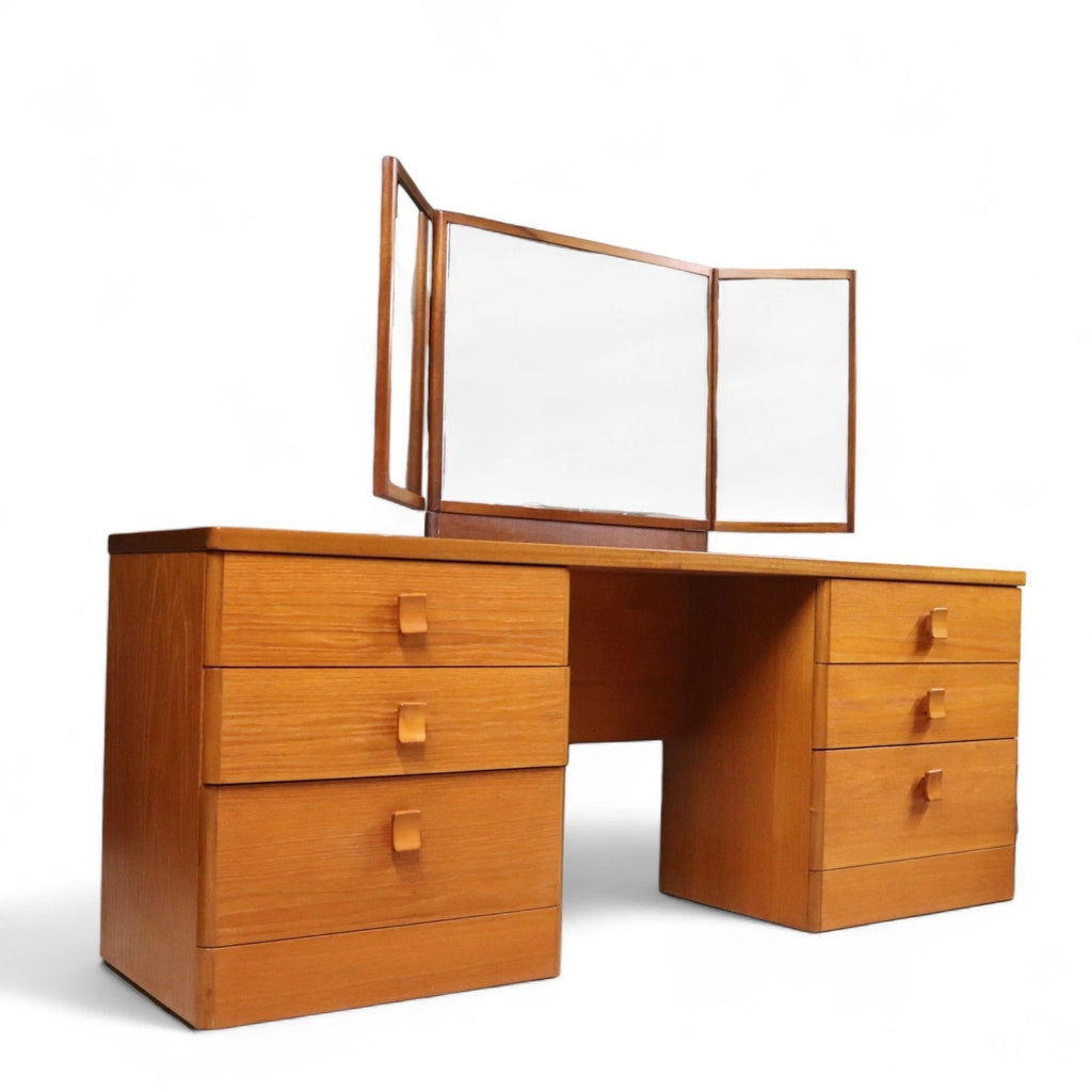 Vintage Teak Stag Dressing Table With Triple Mirror