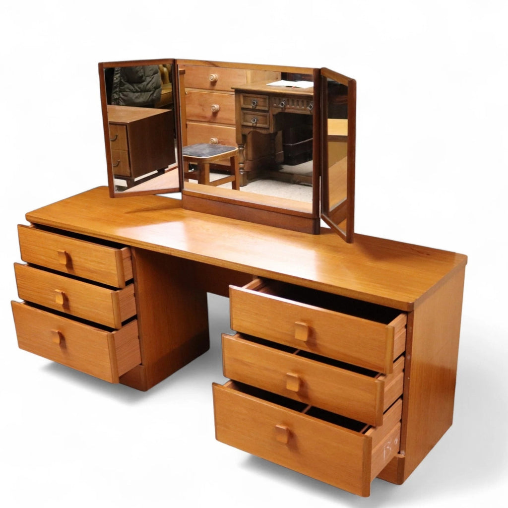 Vintage Teak Stag Dressing Table With Triple Mirror