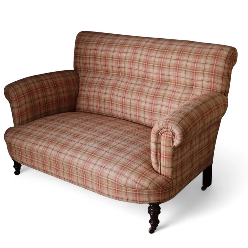 Antique Victorian Howard Style 2 Seater Sofa  – Deep Seat – Plaid Upholstery