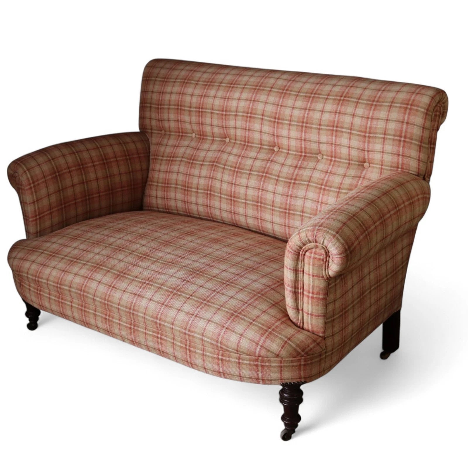 Antique Victorian Howard Style 2 Seater Sofa  – Deep Seat – Plaid Upholstery