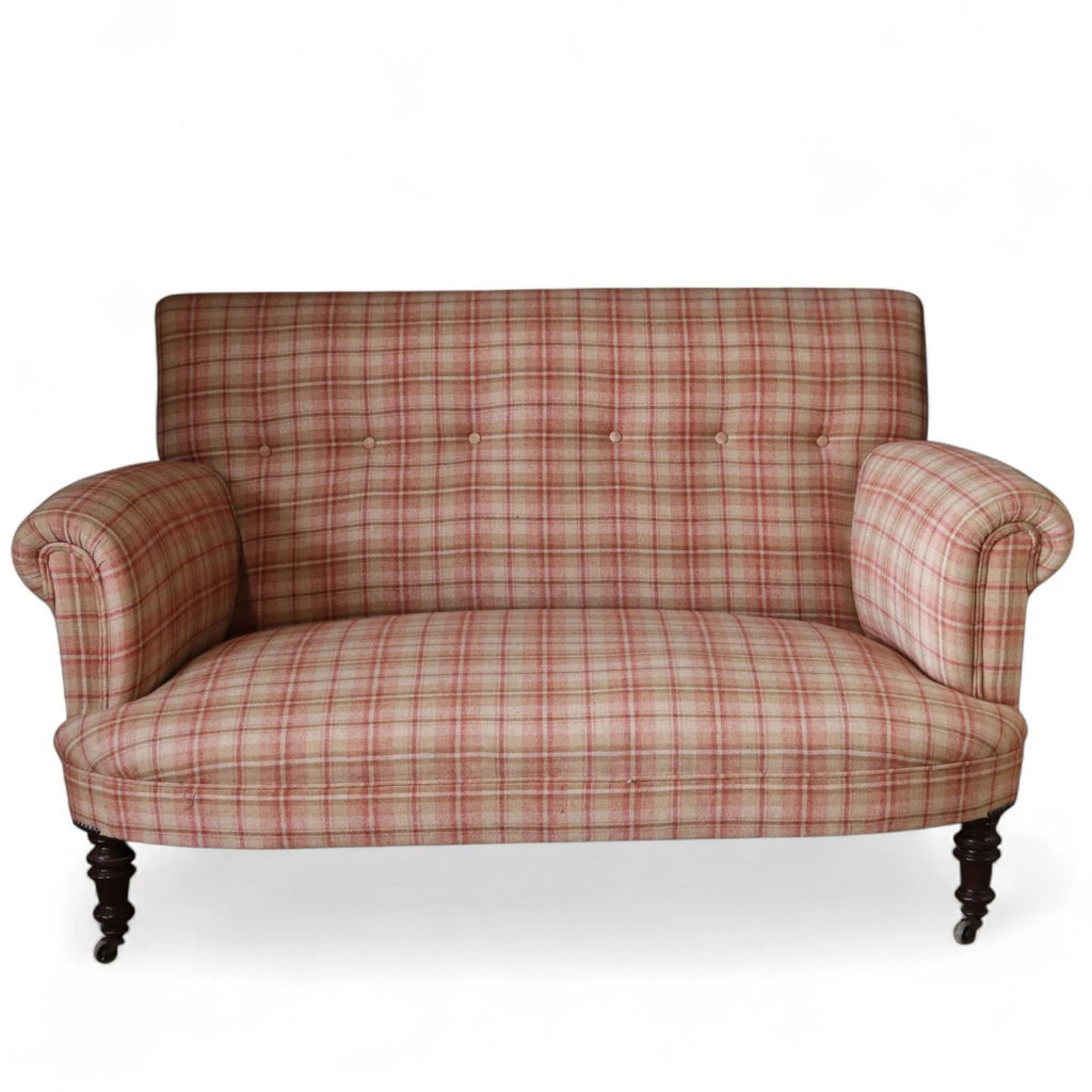 Antique Victorian Howard Style 2 Seater Sofa  – Deep Seat – Plaid Upholstery