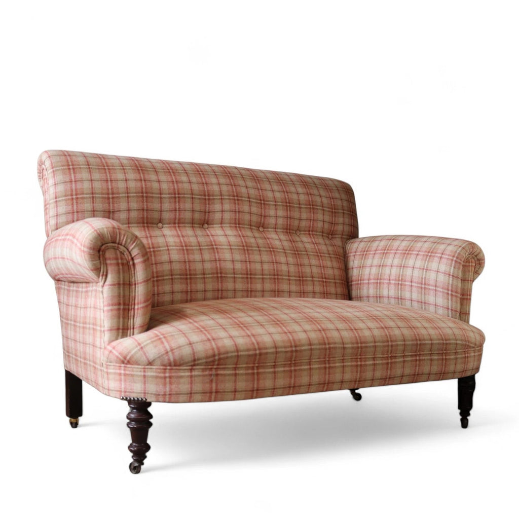 Antique Victorian Howard Style 2 Seater Sofa  – Deep Seat – Plaid Upholstery