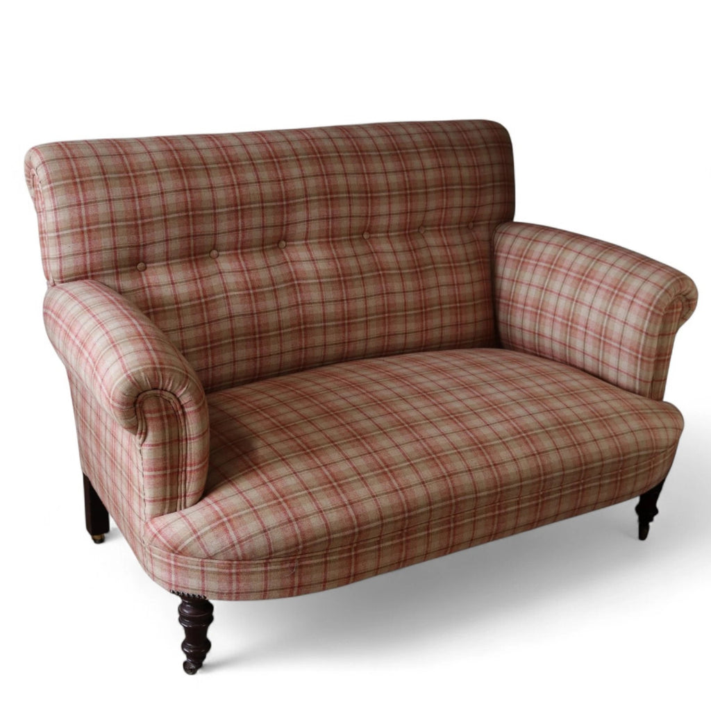 Antique Victorian Howard Style 2 Seater Sofa  – Deep Seat – Plaid Upholstery