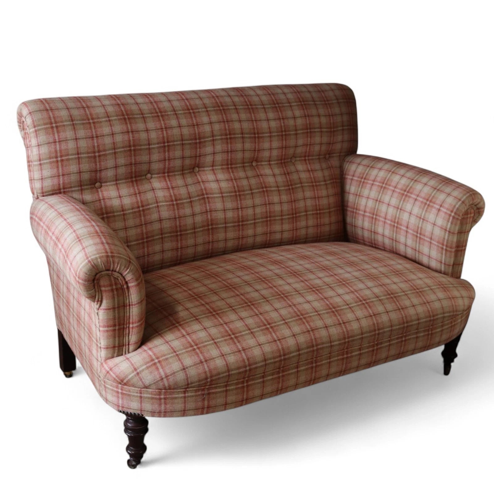 Antique Victorian Howard Style 2 Seater Sofa  – Deep Seat – Plaid Upholstery