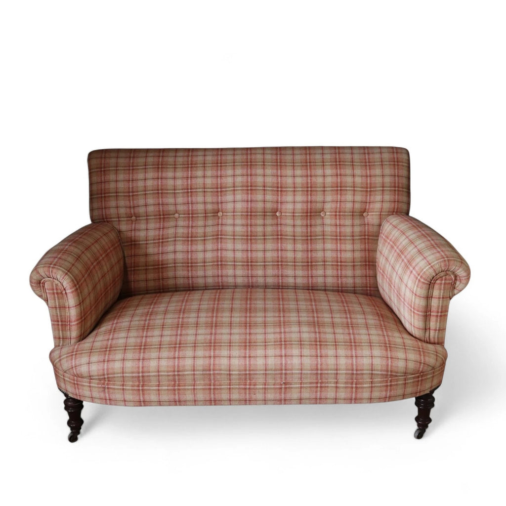 Antique Victorian Howard Style 2 Seater Sofa  – Deep Seat – Plaid Upholstery