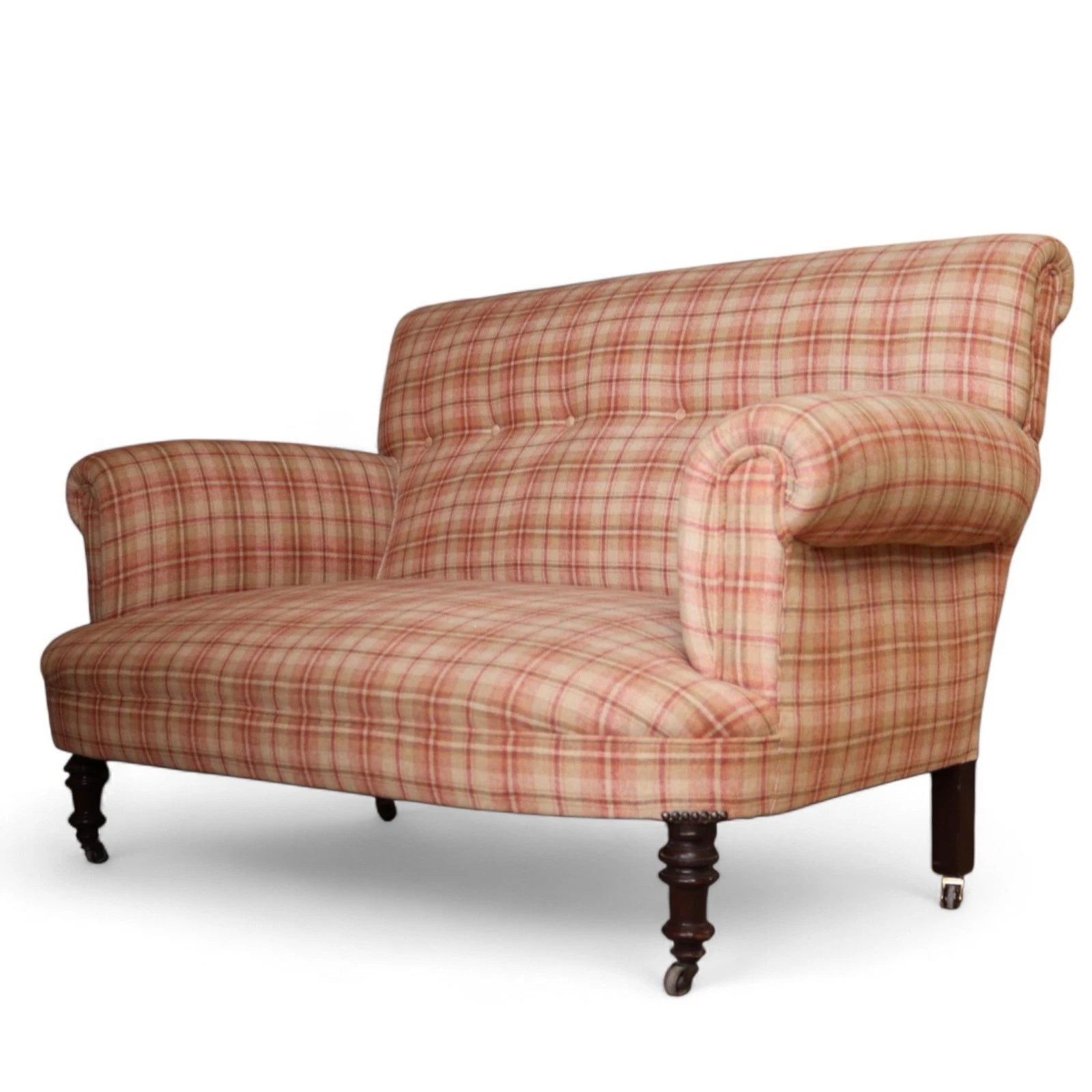 Antique Victorian Howard Style 2 Seater Sofa  – Deep Seat – Plaid Upholstery