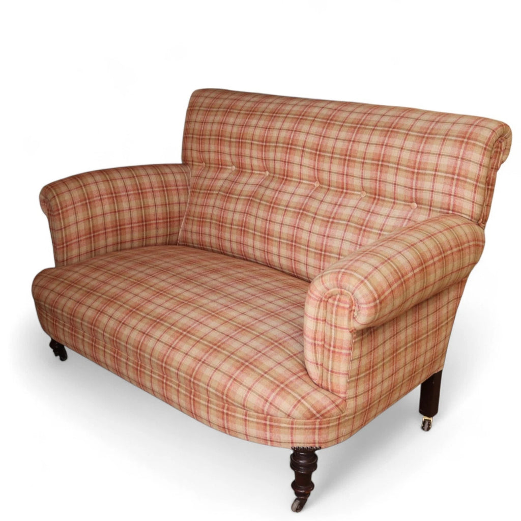 Antique Victorian Howard Style 2 Seater Sofa  – Deep Seat – Plaid Upholstery