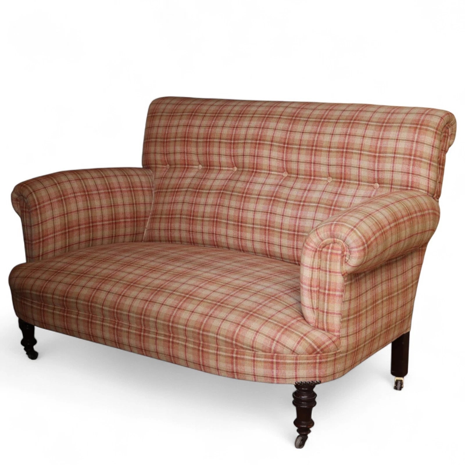 Antique Victorian Howard Style 2 Seater Sofa  – Deep Seat – Plaid Upholstery