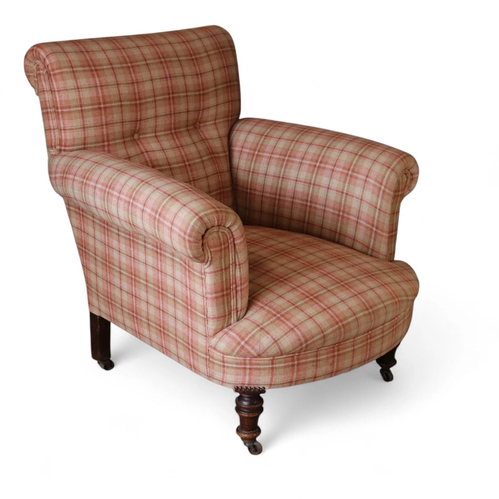 Antique Victorian Howard Style Armchair – Deep Seat – Plaid Upholstery