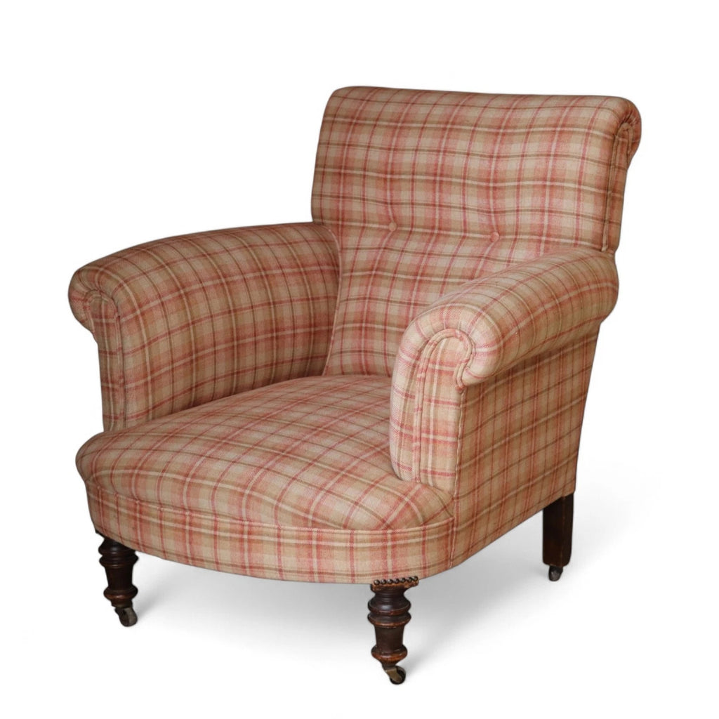 Antique Victorian Howard Style Armchair – Deep Seat – Plaid Upholstery